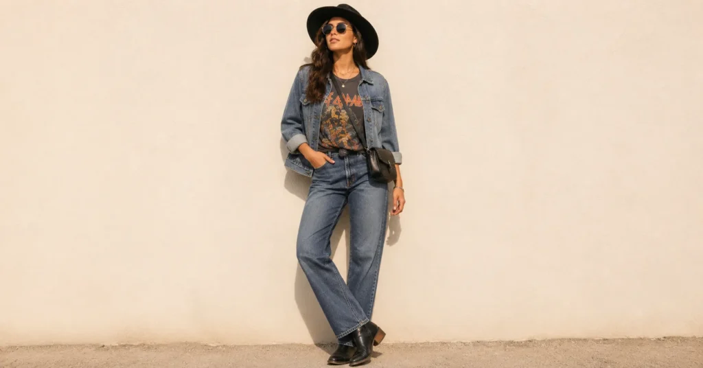 Rock Concert Outfits for outdoor amphitheaters with breathable layers, denim, boots, sunglasses, and a wide-brim hat