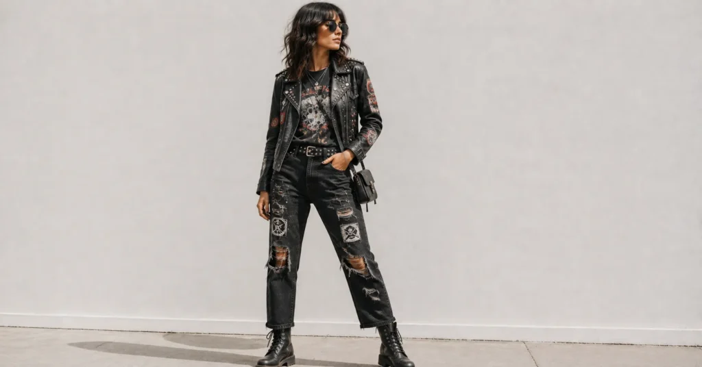 Rock Concert Outfits for punk rock basement shows with ripped black jeans, a studded jacket, and combat boots