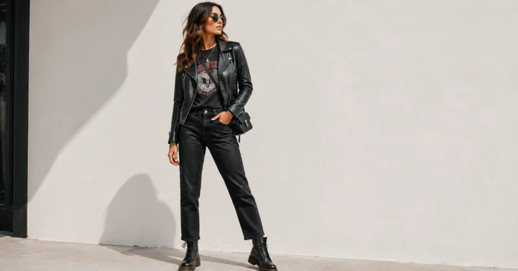 Rock Concert Outfits with a classic black leather moto jacket, graphic tee, and dark denim