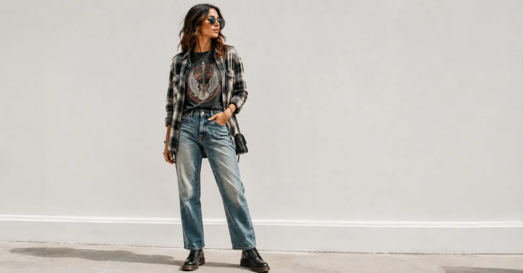 Rock Concert Outfits with a vintage graphic tee, faded denim, flannel layer, and sturdy boots