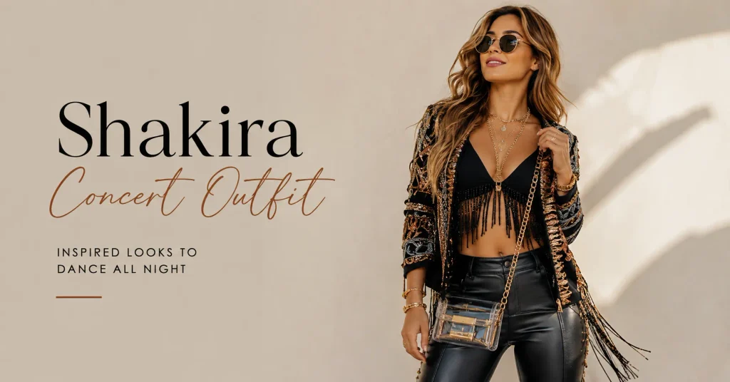 The Guide to Shakira Concert Outfit Ideas: What to Wear to the Show 5 Shakira Concert Outfit Ideas featuring a stylish Latin-pop inspired concert look with fringe, leather-inspired pants, statement accessories, and comfortable boots.