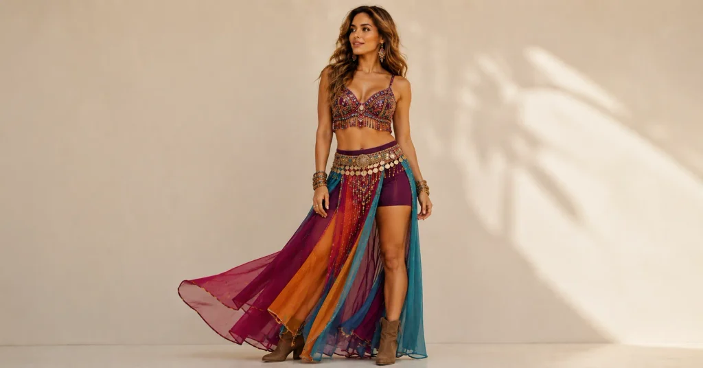 The Guide to Shakira Concert Outfit Ideas: What to Wear to the Show 6 Shakira Concert Outfit Ideas with colorful carnival glam styling, beaded details, flowing layers, and a statement hip belt.