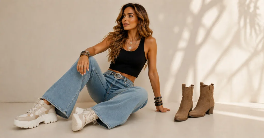 The Guide to Shakira Concert Outfit Ideas: What to Wear to the Show 10 Shakira Concert Outfit Ideas with comfortable chunky sneakers and stylish boots designed for dancing all night.