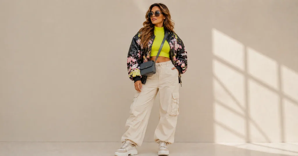 The Guide to Shakira Concert Outfit Ideas: What to Wear to the Show 8 Shakira Concert Outfit Ideas with modern streetwear styling, an oversized bomber jacket, cargo pants, and chunky sneakers.