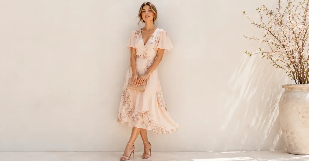 Spring Photoshoot Outfits That Make Every Photo Look Effortlessly Chic 3 Woman wearing soft pastel Spring Photoshoot Outfits for elegant spring portraits.