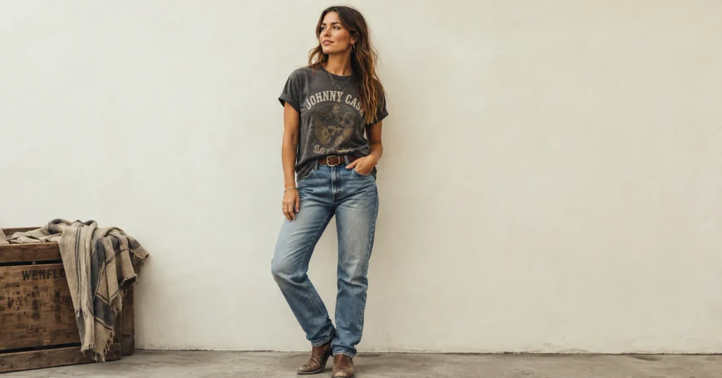 Zach Bryan Concert Outfit Ideas: Rugged and Stylish Looks for a Country Concert 3 Zach Bryan Concert Outfit Ideas with an understated anti-glam country look, vintage graphic tee, relaxed jeans and leather boots.