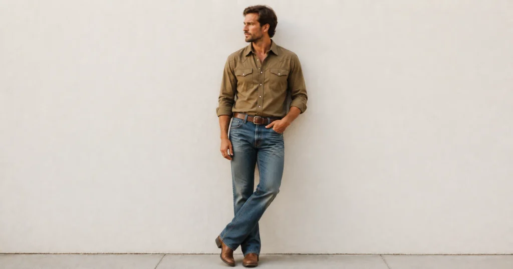 Zach Bryan Concert Outfit Ideas: Rugged and Stylish Looks for a Country Concert 12 Zach Bryan Concert Outfit Ideas featuring a pearl snap western shirt, faded denim jeans, leather belt and classic cowboy boots.