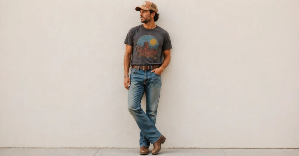 Zach Bryan Concert Outfit Ideas: Rugged and Stylish Looks for a Country Concert 13 Zach Bryan Concert Outfit Ideas featuring a vintage tee, relaxed jeans, leather boots and a classic trucker hat.