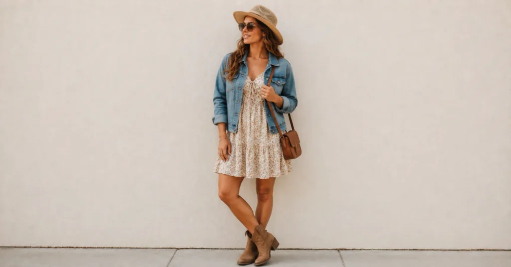 Zach Bryan Concert Outfit Ideas: Rugged and Stylish Looks for a Country Concert 14 Zach Bryan Concert Outfit Ideas for outdoor summer festivals featuring a lightweight sundress, denim jacket, boots and crossbody bag.