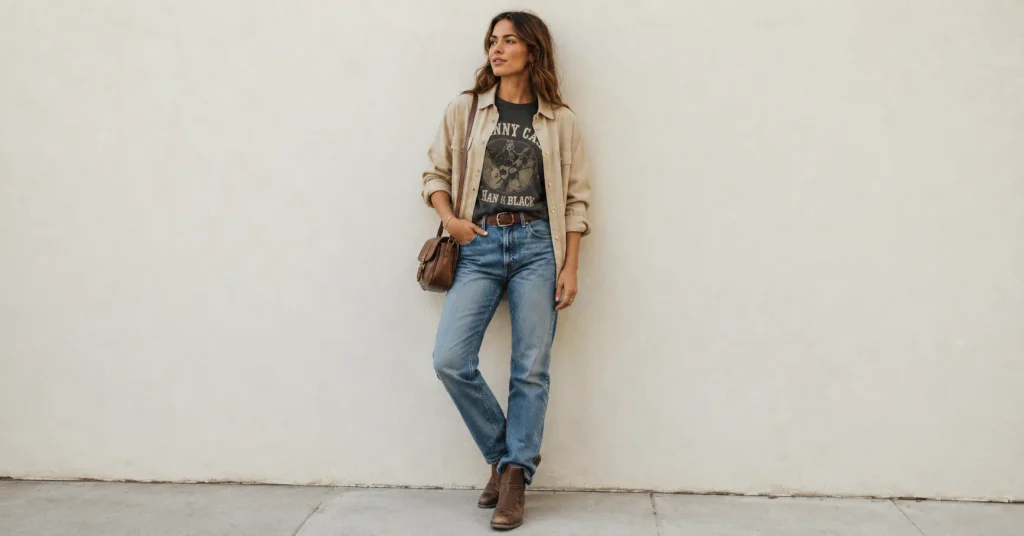 Zach Bryan Concert Outfit Ideas: Rugged and Stylish Looks for a Country Concert 4 Zach Bryan Concert Outfit Ideas featuring a practical country concert outfit with relaxed denim, canvas layers, boots and a crossbody bag.
