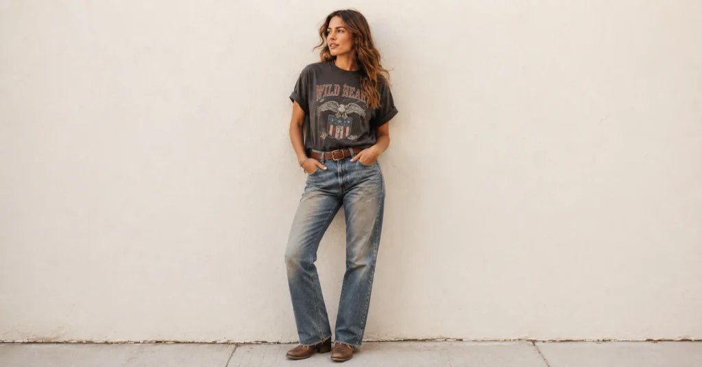 Zach Bryan Concert Outfit Ideas: Rugged and Stylish Looks for a Country Concert 5 Zach Bryan Concert Outfit Ideas featuring worn-in faded denim jeans, a vintage cotton tee, leather boots and relaxed Americana style.