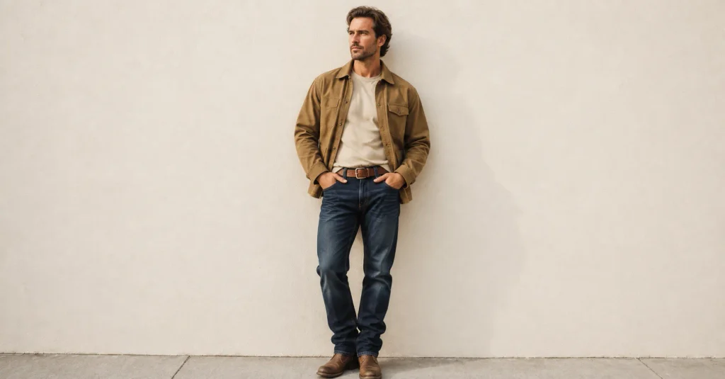 Zach Bryan Concert Outfit Ideas: Rugged and Stylish Looks for a Country Concert 6 Zach Bryan Concert Outfit Ideas featuring classic workwear with a canvas chore jacket, denim jeans, cotton tee and leather boots.