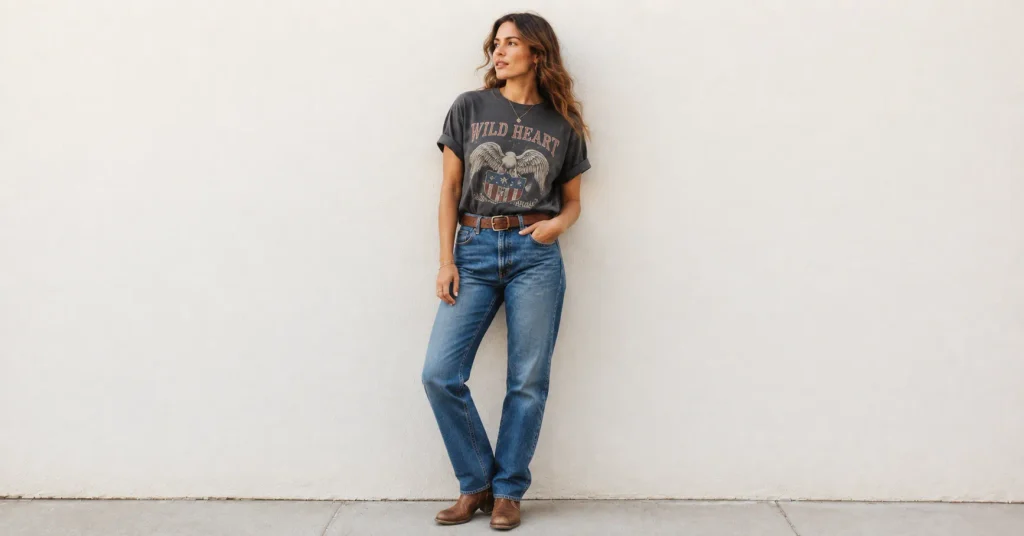 Zach Bryan Concert Outfit Ideas: Rugged and Stylish Looks for a Country Concert 7 Zach Bryan Concert Outfit Ideas featuring a vintage graphic tee, relaxed denim jeans, leather boots and simple Americana accessories.