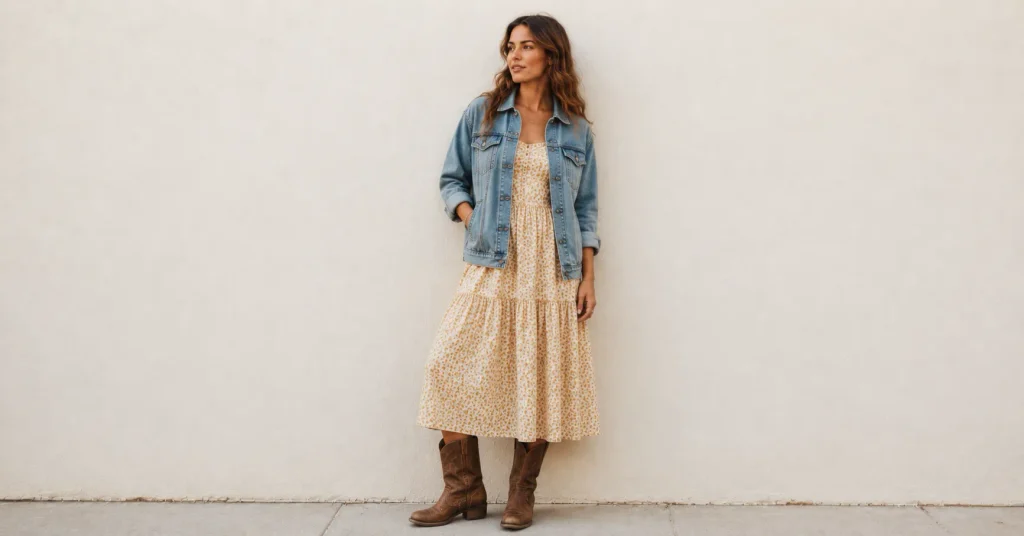 Zach Bryan Concert Outfit Ideas: Rugged and Stylish Looks for a Country Concert 8 Zach Bryan Concert Outfit Ideas featuring a modest sundress, vintage denim jacket, rugged work boots and relaxed country style.