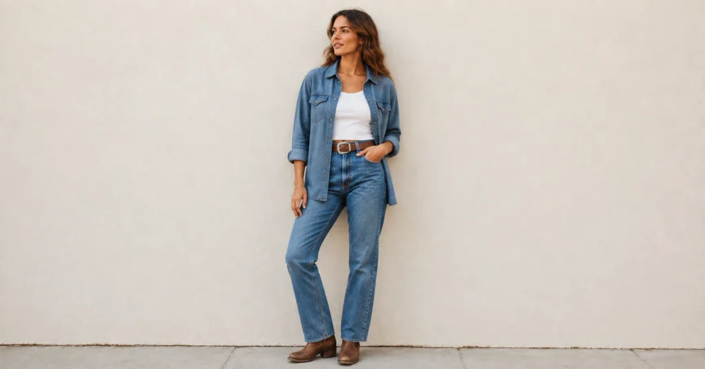 Zach Bryan Concert Outfit Ideas: Rugged and Stylish Looks for a Country Concert 9 Zach Bryan Concert Outfit Ideas featuring a denim-on-denim Canadian tuxedo with straight-leg jeans, chambray shirt and ankle boots.