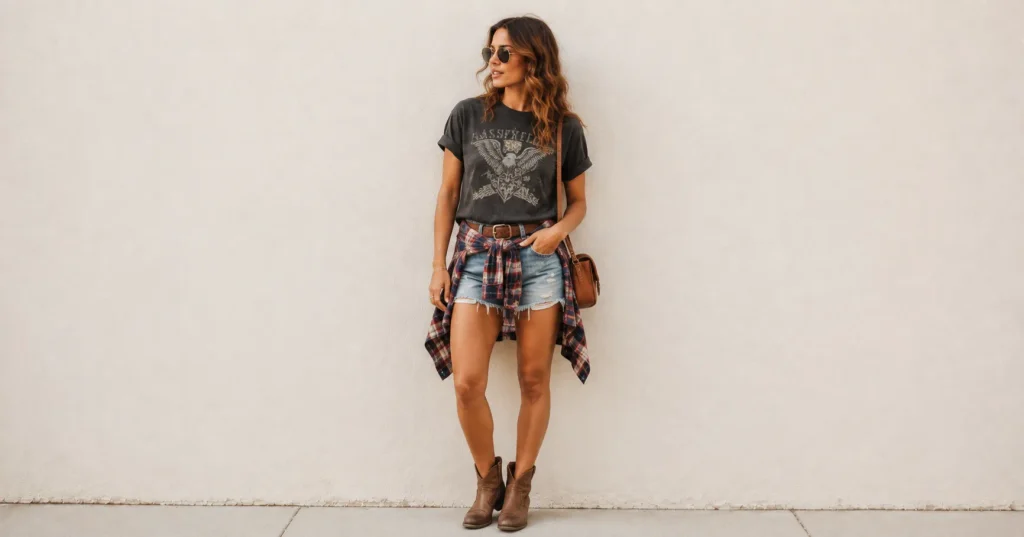 Zach Bryan Concert Outfit Ideas: Rugged and Stylish Looks for a Country Concert 10 Zach Bryan Concert Outfit Ideas featuring denim cut-off shorts, a vintage tee, plaid flannel and comfortable country concert boots.