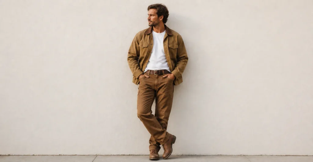 Zach Bryan Concert Outfit Ideas: Rugged and Stylish Looks for a Country Concert 11 Zach Bryan Concert Outfit Ideas featuring a classic workwear look with canvas pants, a heavyweight tee, chore coat and leather boots.