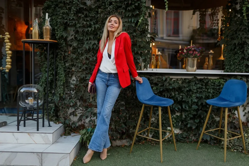 lovely good looking blond woman red jacket posing city cafe