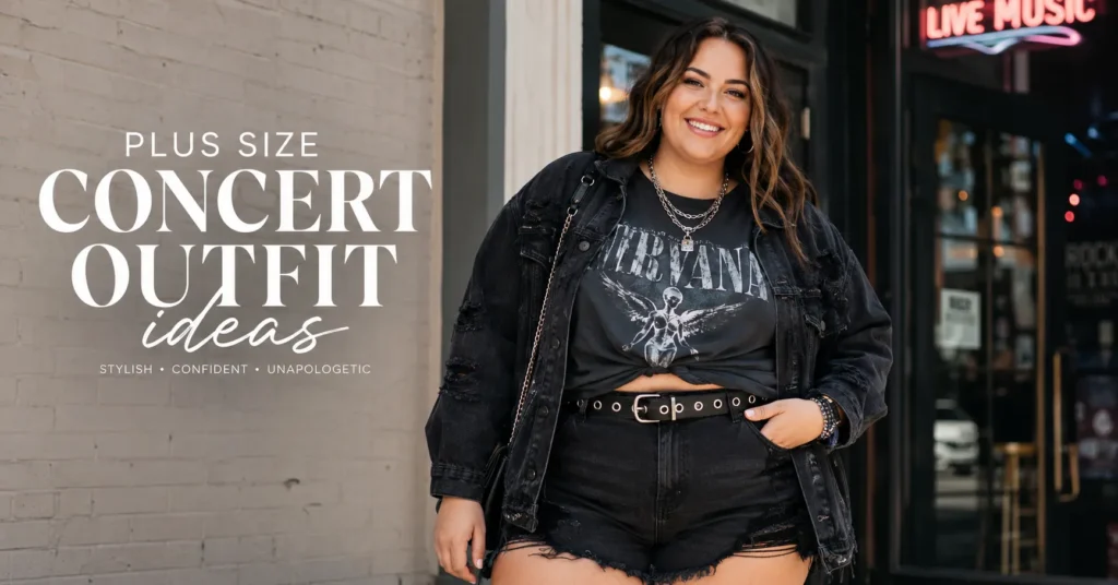 Plus size concert outfit ideas featuring a stylish curvy woman in a trendy fashion blog concert outfit with modern streetwear styling.