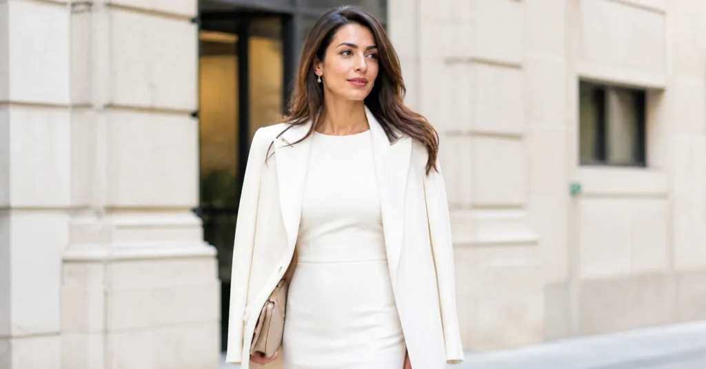 Amal Clooney outfit ideas featuring elegant sheath dress and structured coat