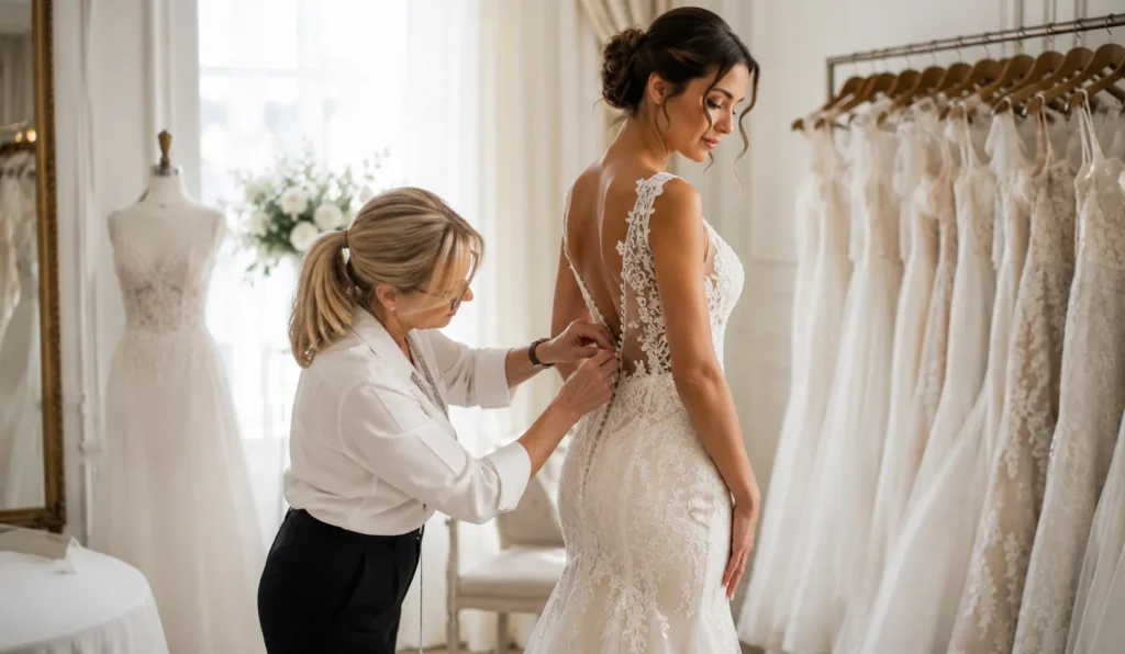 Expert tailoring process for dream wedding dresses and attire in a professional bridal studio.