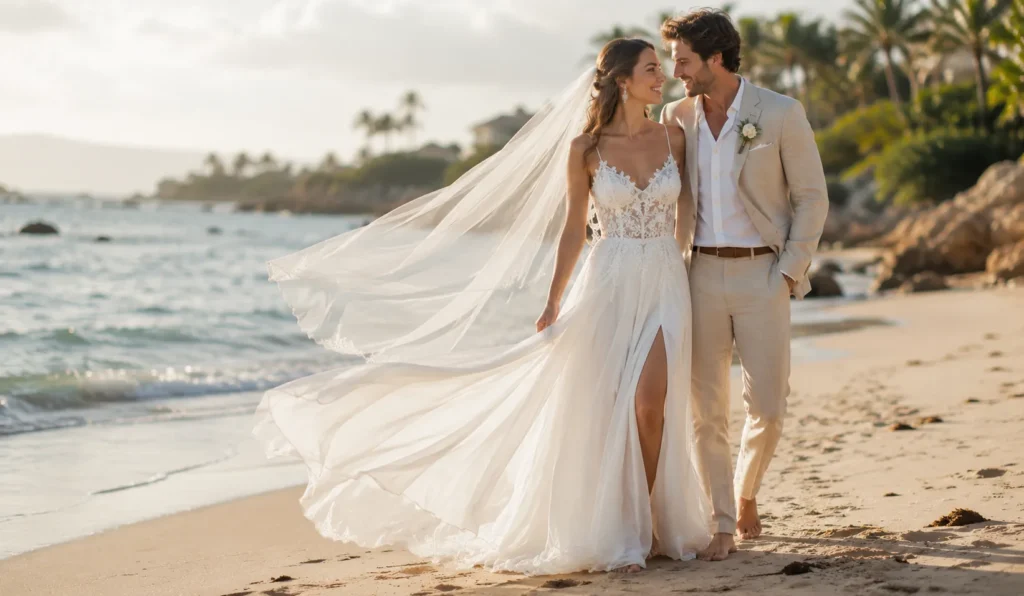 Beach-inspired dream wedding dresses and attire for elegant destination weddings.