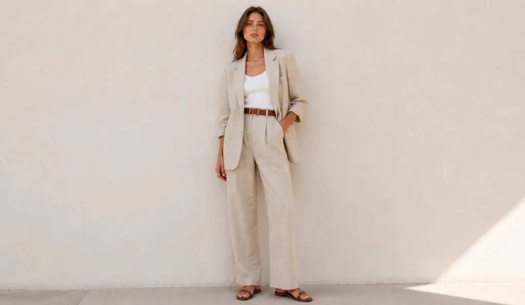 90s minimalist outfits 2026 summer linen outfit with relaxed tailoring