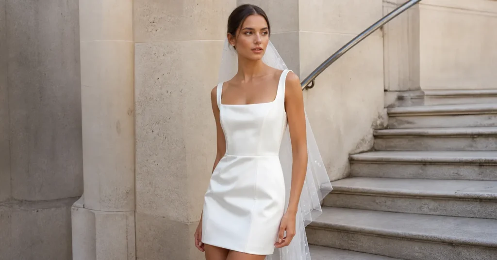 Bride wearing a structured satin mini dress for wedding reception, modern and elegant bridal second look