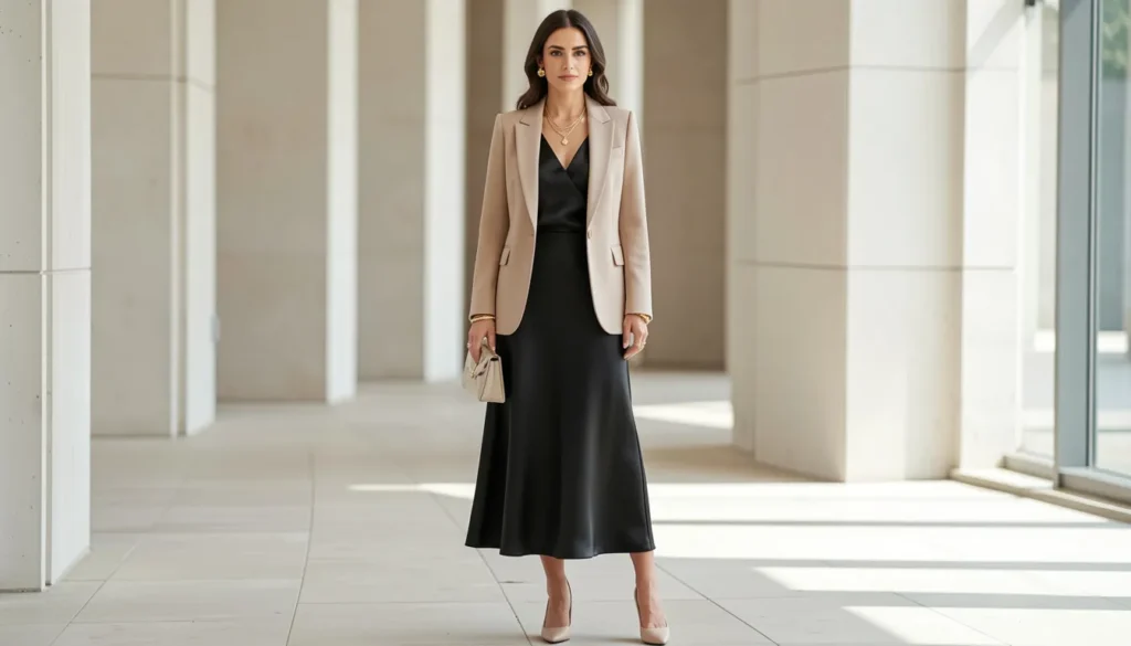 Dinner outfit ideas featuring elegant satin dress and blazer for stylish evening fashion