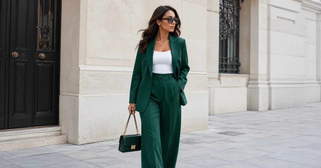 The Complete Guide to Green Outfit Ideas: Style Tips for Every Shade 2 Green outfit ideas featuring emerald blazer and tailored trousers for modern fashion style