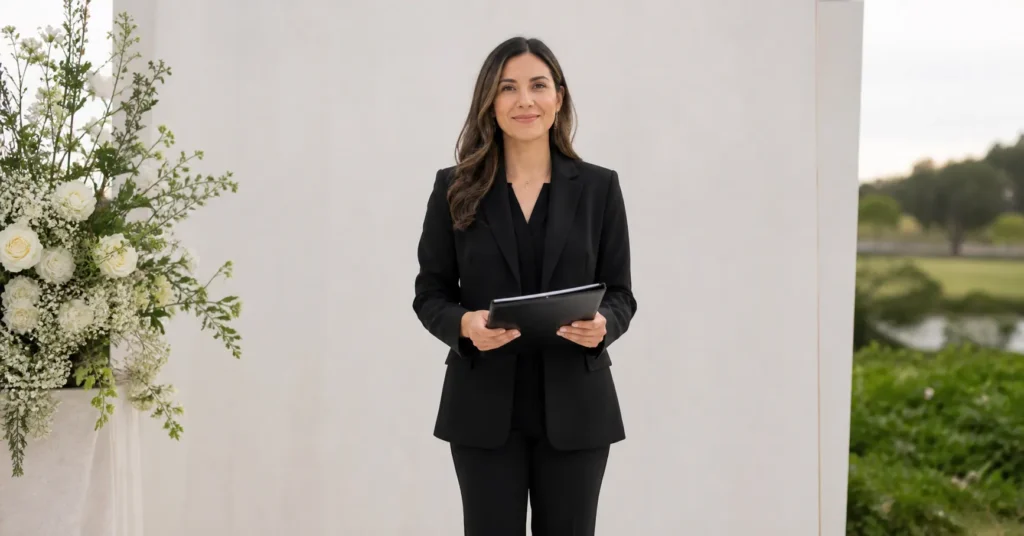 Ultra-realistic female wedding officiant wearing a deep-toned velvet blazer with tailored trousers, holding a folder, styled in an elegant editorial fashion setup with bright lighting and a neutral background.