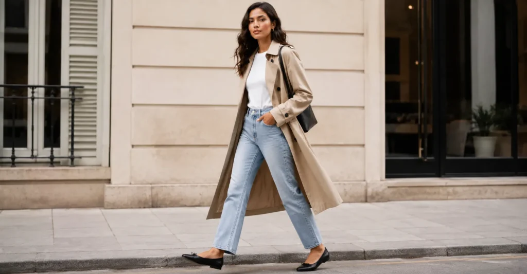 Stylish ballet pumps outfit with jeans and trench coat for modern everyday fashion