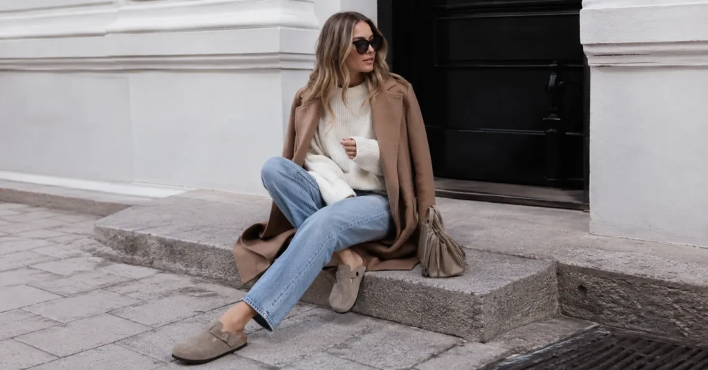 The Complete Guide to Styling a Birkenstock Clog Outfit for Every Season 2 Stylish Birkenstock clog outfit with oversized sweater and straight-leg jeans