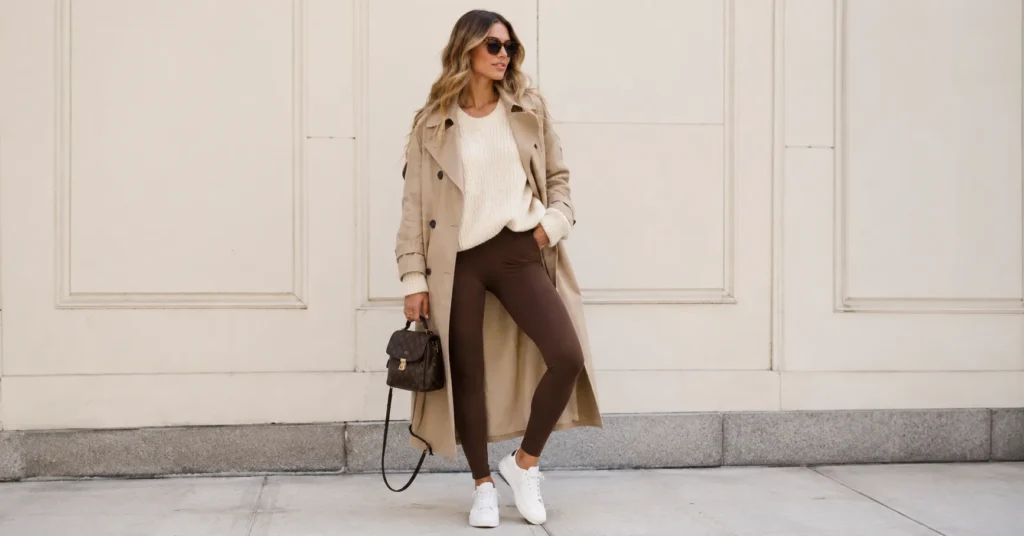 The Complete Guide to Building a Stylish Brown Leggings Outfit 2 Stylish brown leggings outfit with cream sweater and white sneakers