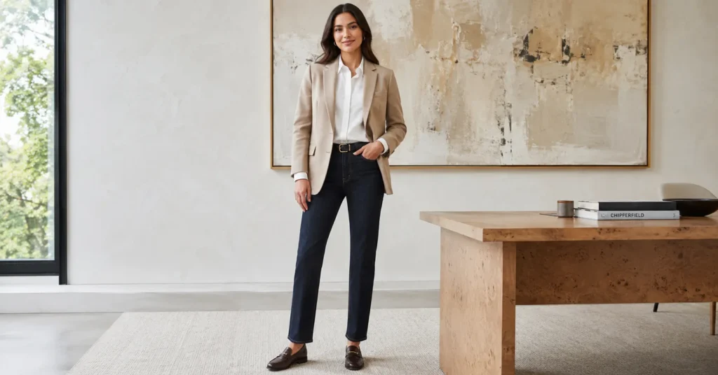 The Complete Guide to Perfect Casual Friday Outfits for the Office 2 Stylish casual Friday outfit with blazer and dark jeans for office wear