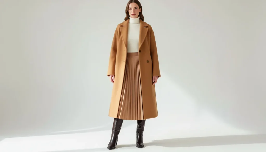 The Guide to Crafting a Demure Winter Outfit: Elegance in the Cold 2 Elegant demure winter outfit with wool coat and midi skirt