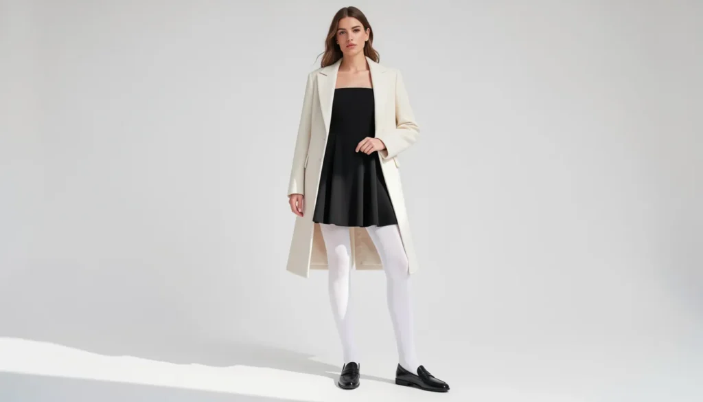How to Build the Perfect White Tights Outfit: Styling Tips and Ideas 2 Elegant white tights outfit with black dress and loafers