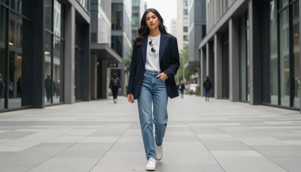Street Style Outfit Ideas: How to Build Chic, Wearable Looks Year-Round 2 Street style outfit ideas featuring chic urban fashion look with layered blazer, jeans, and sneakers for modern everyday outfits