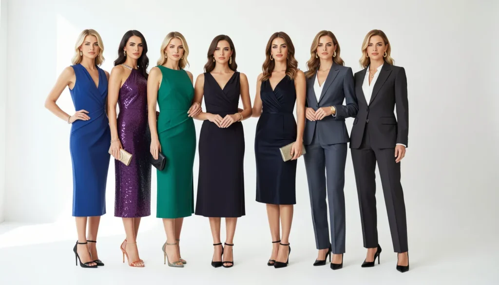 Stylish women showcasing elegant cocktail clothes for women including dresses, jumpsuits, and pantsuits for semi-formal events.