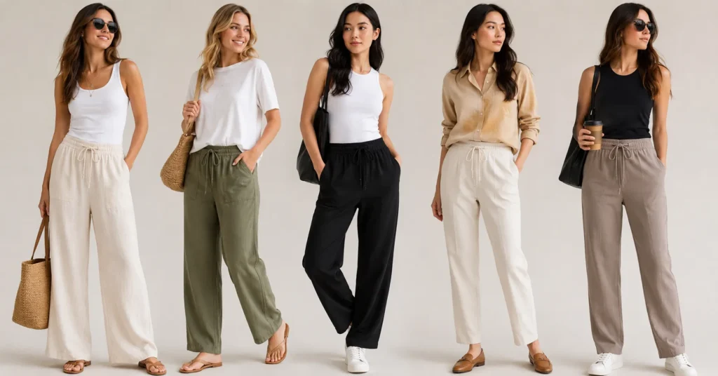 Drawstring pants for women styled in modern casual, travel, and smart casual fashion looks.
