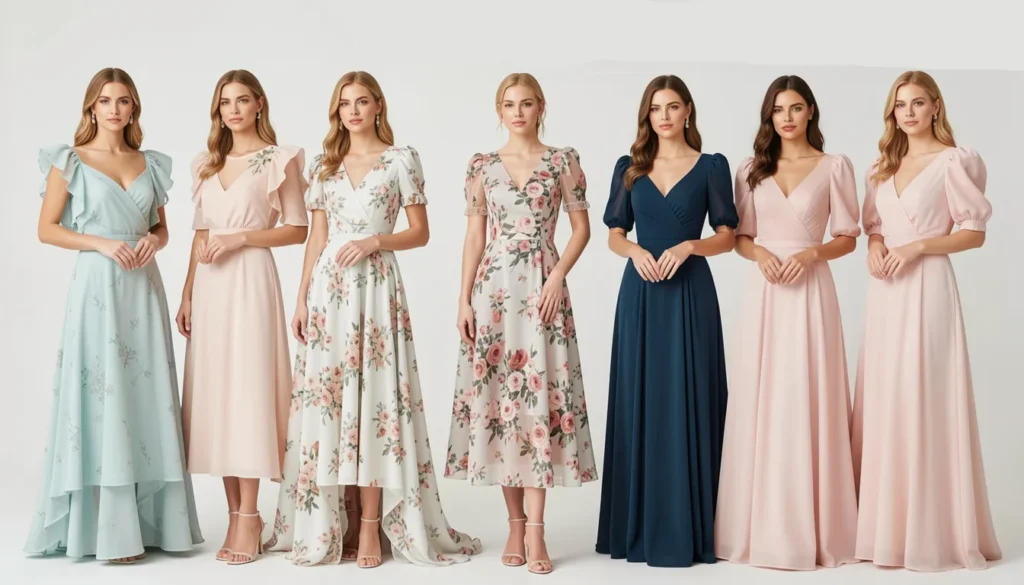 Summer wedding guest dresses with sleeves styled in elegant chiffon, floral, and formal designs for warm-weather weddings.