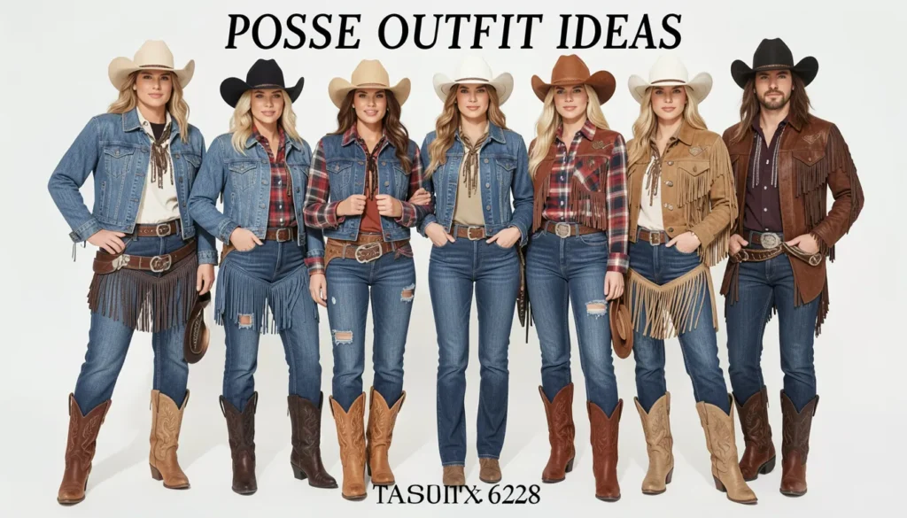 Posse outfit ideas featuring coordinated western group fashion with cowboy boots, denim, and cowgirl accessories.