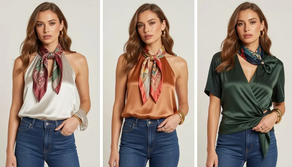 Scarf tops clothing fashion blog featuring women wearing stylish scarf tops, scarf blouses, and wrap tops with modern outfits.