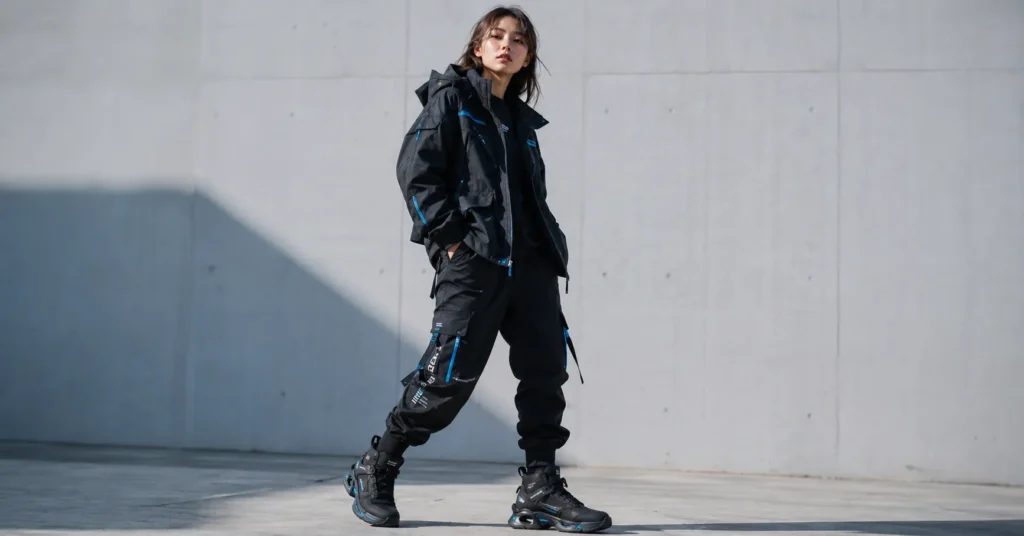 Woman wearing futuristic cyberpunk outfits with black techwear jacket and cargo pants.