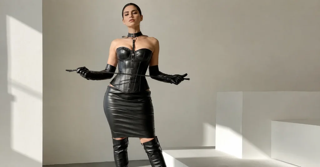 Woman wearing a sophisticated leather dominatrix outfit with corset and knee-high boots.