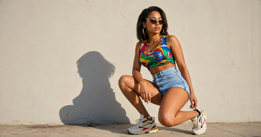 Woman wearing colorful 90s Freaknik outfits with denim shorts and retro streetwear styling.