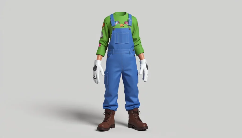 Retro-inspired green plumber outfit with denim overalls and gaming-inspired accessories.