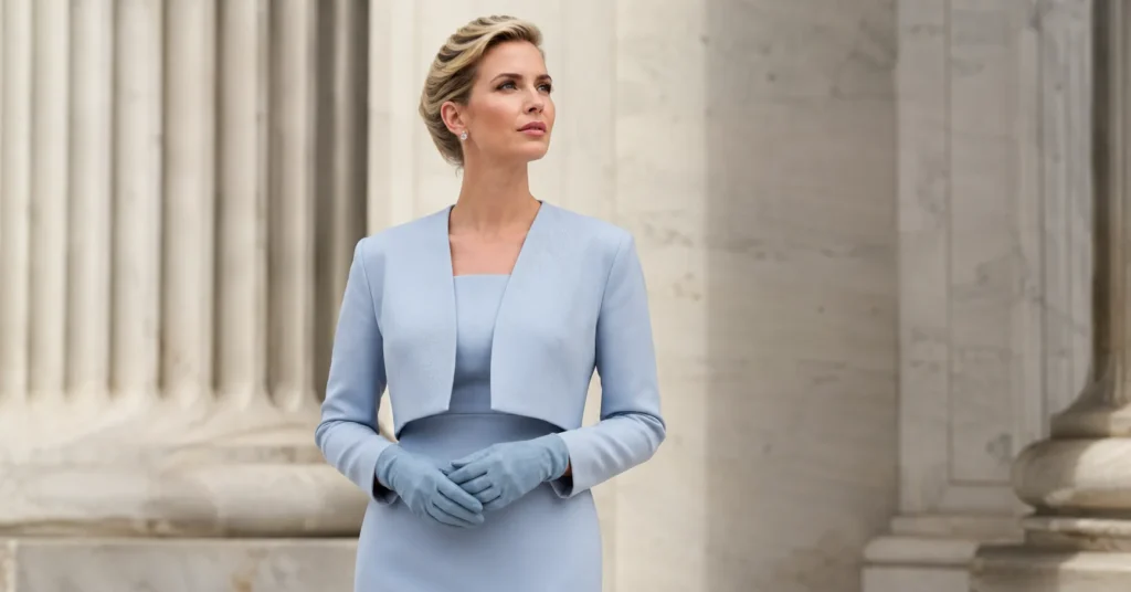 Melania Trump inauguration outfit inspired powder blue tailored formal fashion look for women.