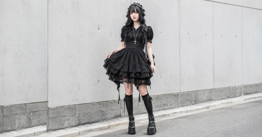 Misa Amane outfits inspired gothic lolita fashion with black lace dress and platform boots.