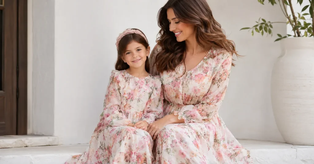 Mommy and me outfits featuring a stylish mother and daughter in matching pastel floral dresses.